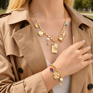 Colar Ajustável com Pingente Coração, Estrela, Flor e Olho Grego | Aço Inoxidável Dourado VNOX | Presente com Significado