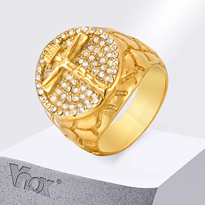 Anel Cruz para Homem com Zircónia Cúbica | Aço Inoxidável Banho a Ouro 18K, Tamanhos 7-12 | Presente Religioso Cristão