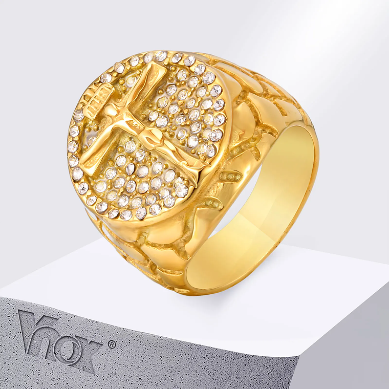 Anel Cruz para Homem com Zircónia Cúbica | Aço Inoxidável Banho a Ouro 18K, Tamanhos 7-12 | Presente Religioso Cristão 1