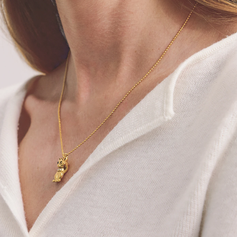 Colar Pingente Gato da Sorte com Strass Branco | Colar Feminino Banhado a Ouro 18K com Corrente de Contas 3