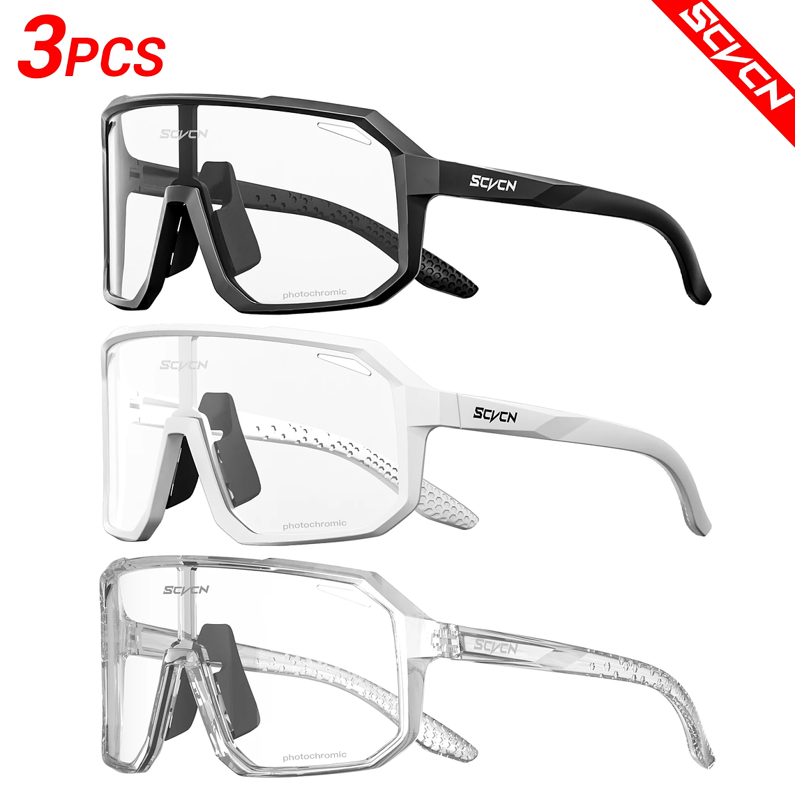 Pack 3 Óculos de Ciclismo Fotocrómicos SCVCN - Lentes que Escurecem com o Sol, UV400 | Unissex 1