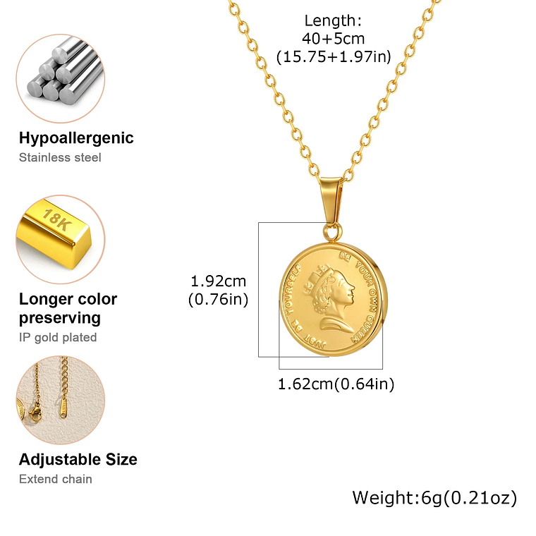 Colar Medalhão Queen Elizabeth Banhado a Ouro | Colar Feminino em Aço Inoxidável com Pingente Redondo - Presente Clássico e Elegante 2