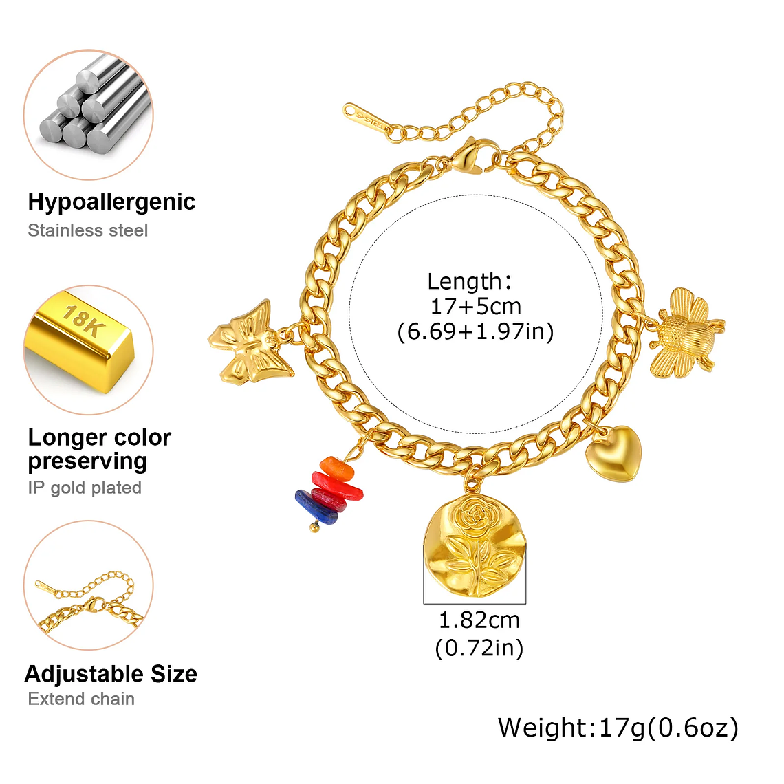 Colar Ajustável com Pingente Coração, Estrela, Flor e Olho Grego | Aço Inoxidável Dourado VNOX | Presente com Significado 5