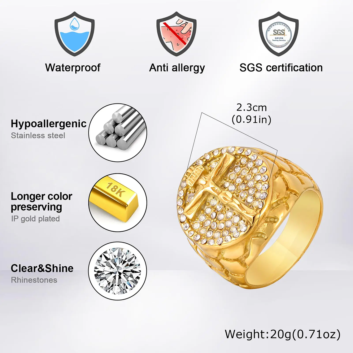 Anel Cruz para Homem com Zircónia Cúbica | Aço Inoxidável Banho a Ouro 18K, Tamanhos 7-12 | Presente Religioso Cristão 3