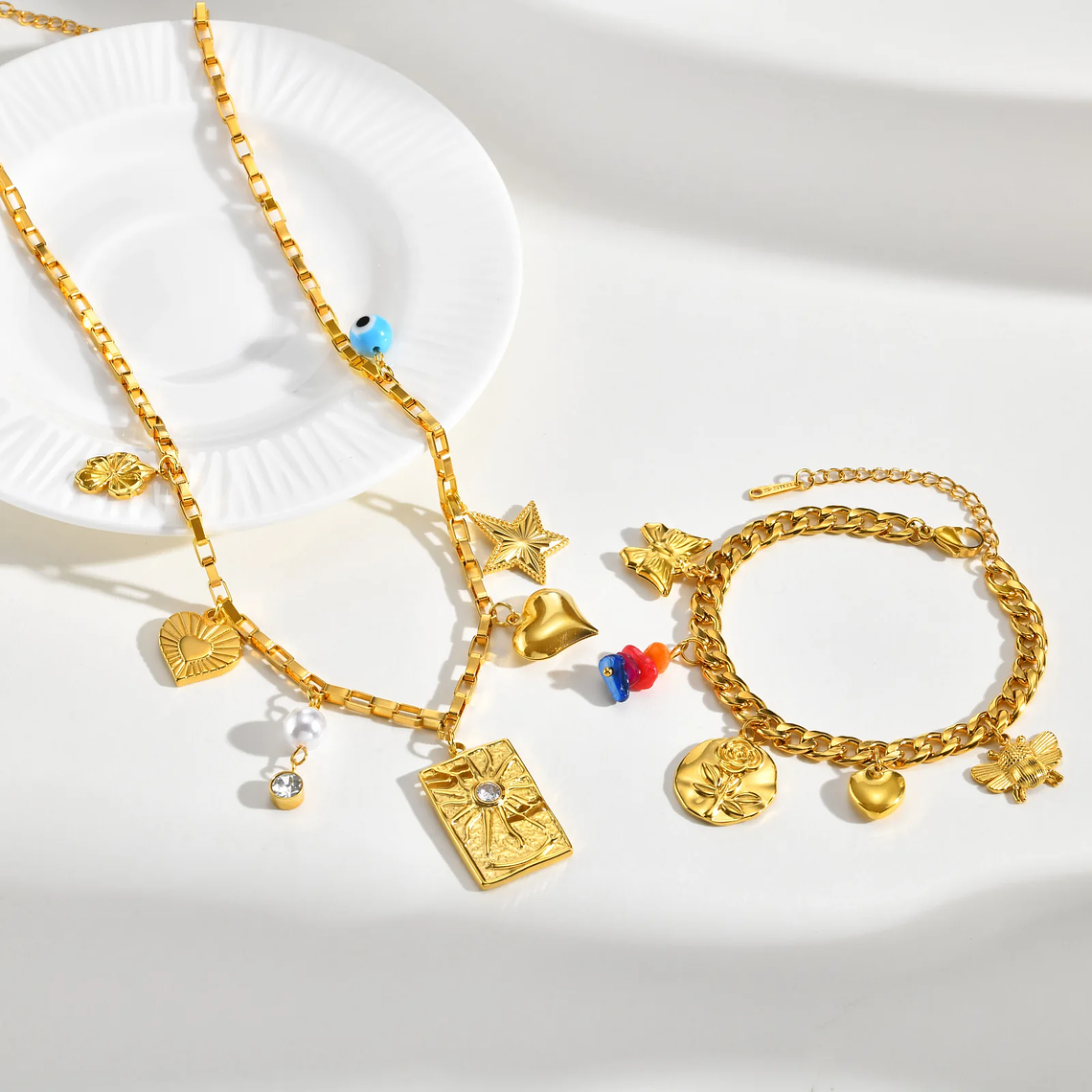 Colar Ajustável com Pingente Coração, Estrela, Flor e Olho Grego | Aço Inoxidável Dourado VNOX | Presente com Significado 6