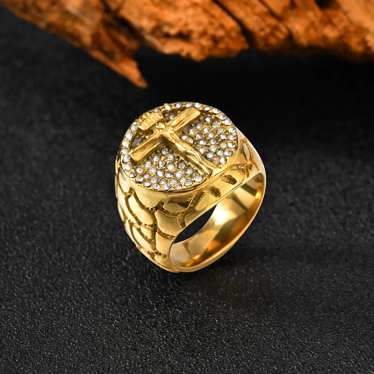 Anel Cruz para Homem com Zircónia Cúbica | Aço Inoxidável Banho a Ouro 18K, Tamanhos 7-12 | Presente Religioso Cristão 4