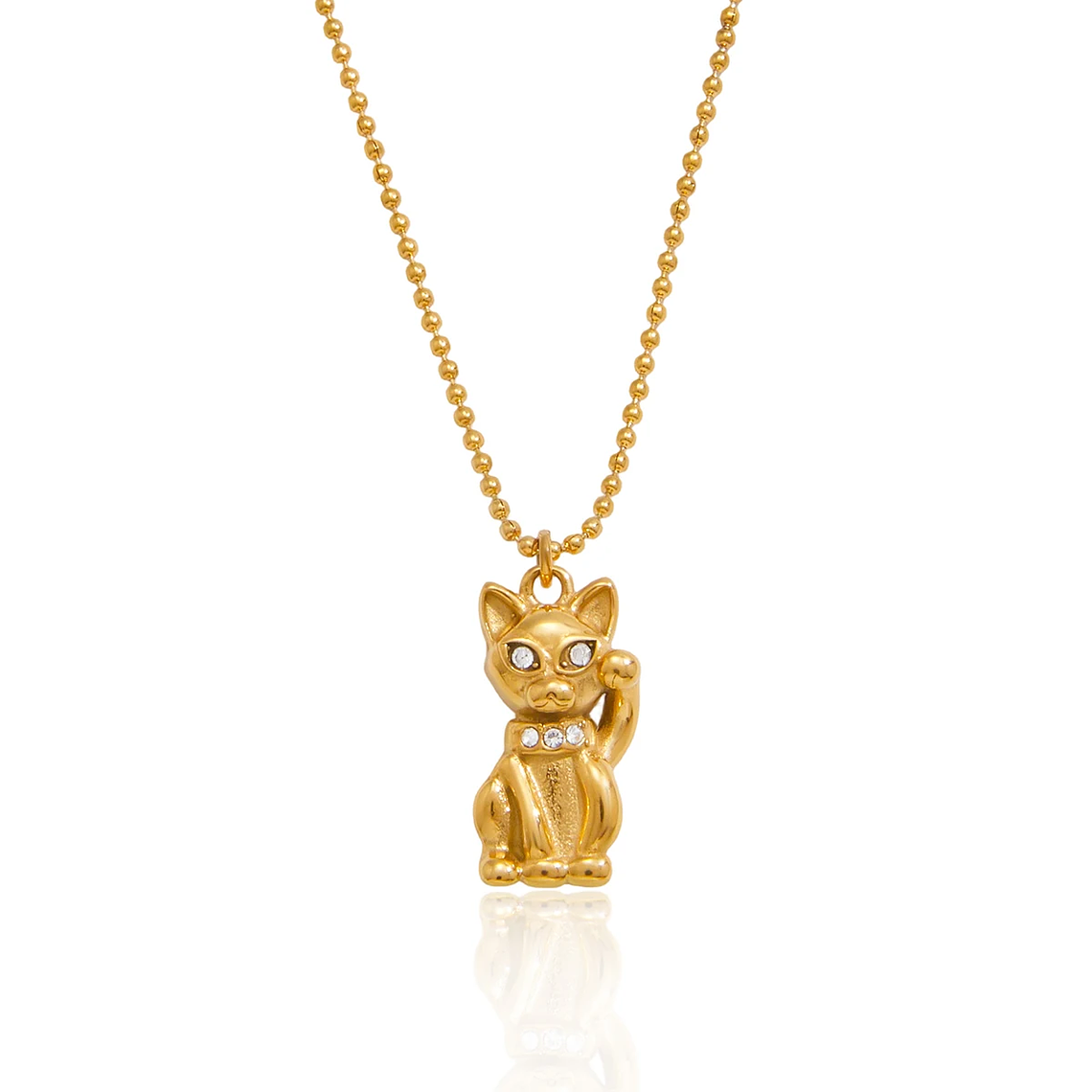 Colar Pingente Gato da Sorte com Strass Branco | Colar Feminino Banhado a Ouro 18K com Corrente de Contas 5