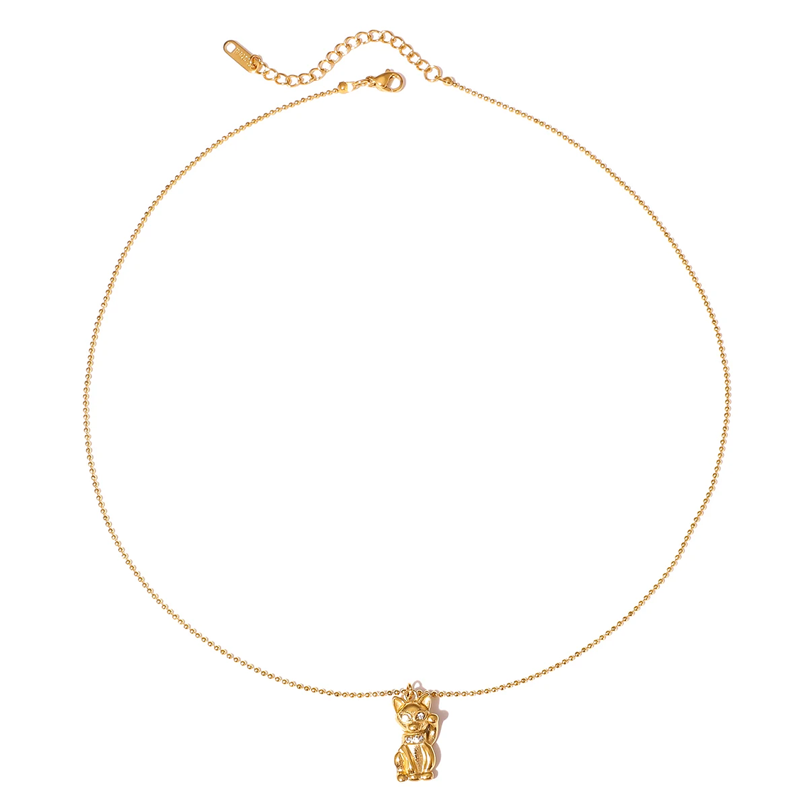Colar Pingente Gato da Sorte com Strass Branco | Colar Feminino Banhado a Ouro 18K com Corrente de Contas 6