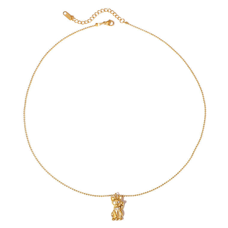 Colar Pingente Gato da Sorte com Strass Branco | Colar Feminino Banhado a Ouro 18K com Corrente de Contas 6