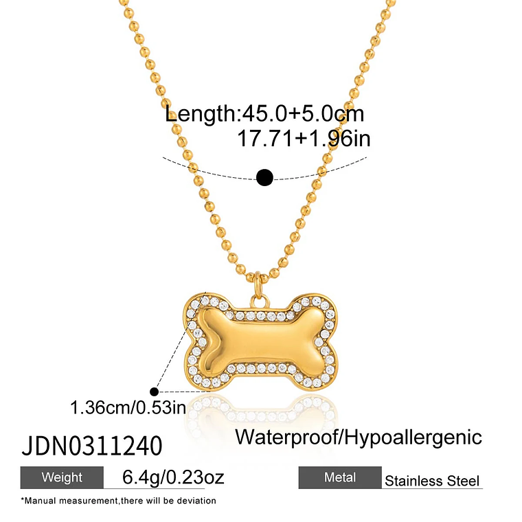 Colar Pingente Ossinho de Cachorro com Strass Branco | Colar Feminino de Contas Banhado a Ouro 18K PVD 7