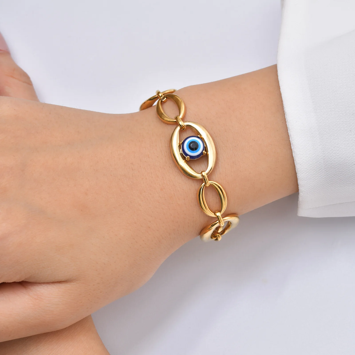 Pulseira Evil Eye com Elos Ovais Ajustáveis | Pulseira Feminina em Aço Inoxidável Banhado a Ouro e Prata - Presente Protetor e Fashion 2