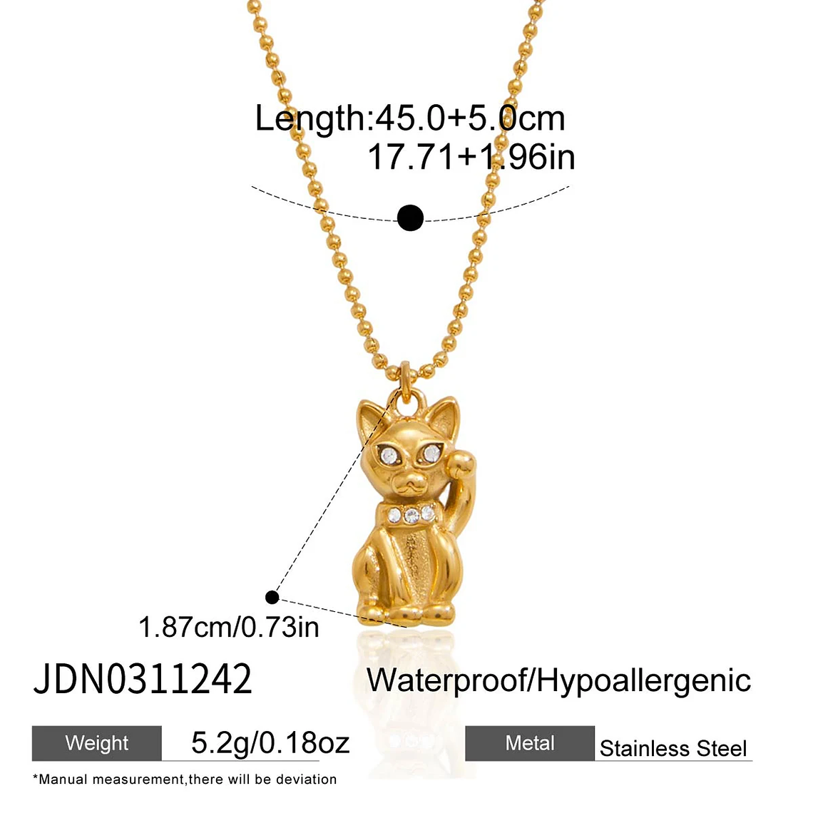 Colar Pingente Gato da Sorte com Strass Branco | Colar Feminino Banhado a Ouro 18K com Corrente de Contas 7