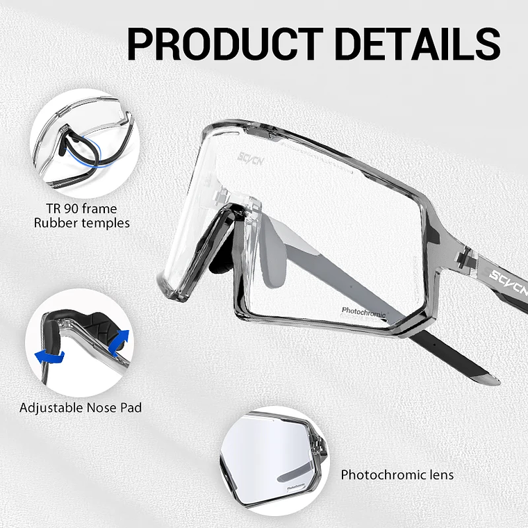 SCVCN S164 Cycling Glasses - Photochromic Lenses and Extra-Wide Field of Vision (151mm) | UV400 5