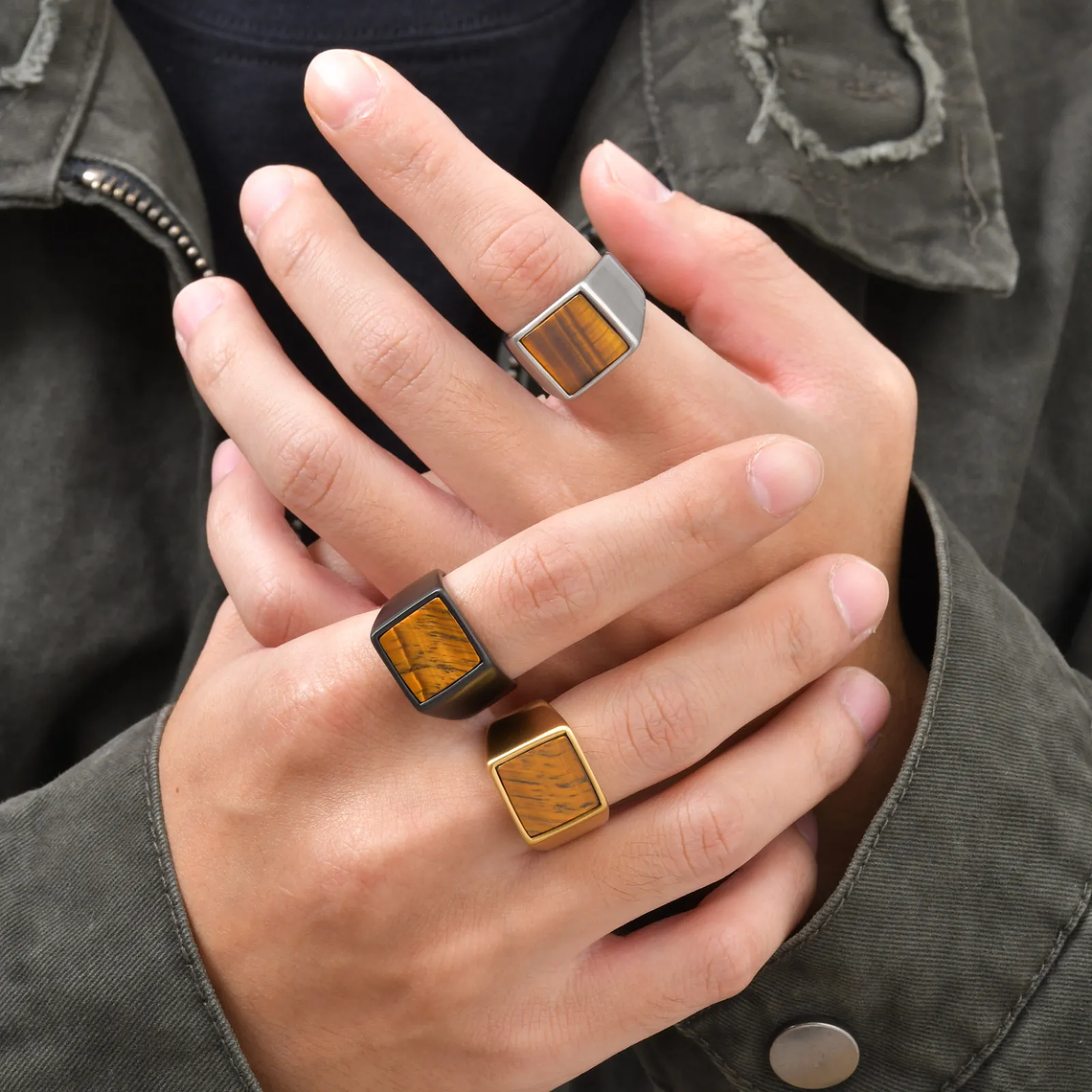 Anel de Signet com Olho-de-Tigre Natural para Homens | Anel Quadrado 14mm de Largura, Aço Inoxidável Banhado - Presente Fashion 2026 2