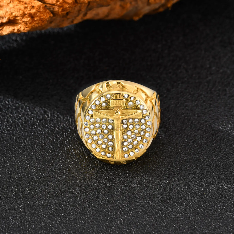 Anel Cruz para Homem com Zircónia Cúbica | Aço Inoxidável Banho a Ouro 18K, Tamanhos 7-12 | Presente Religioso Cristão 5