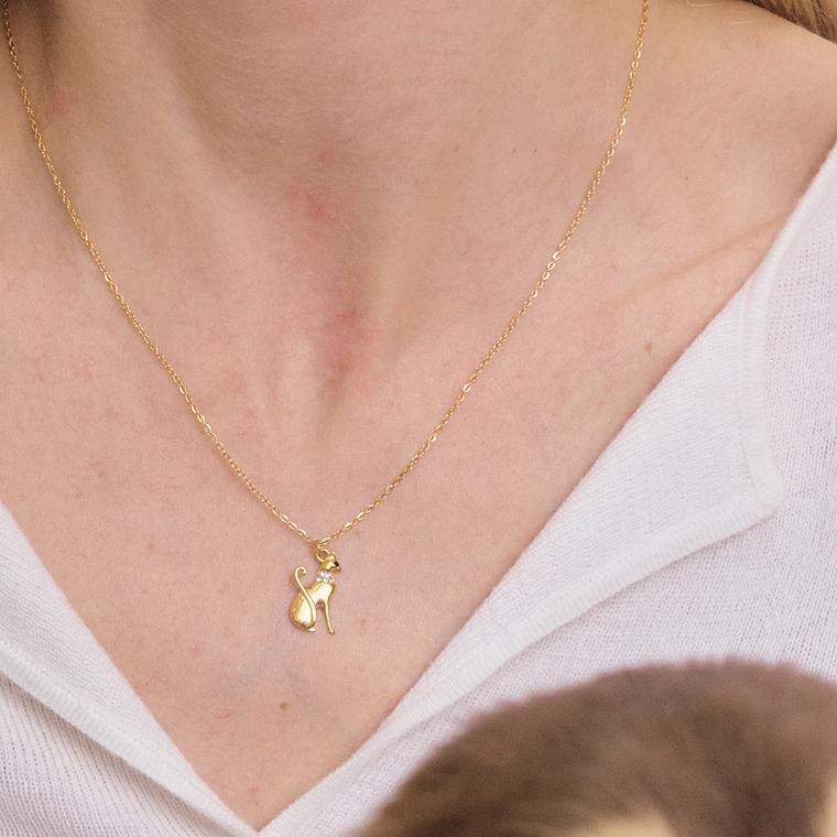 Colar Pingente Gato com Strass Branco | Colar Feminino Banhado a Ouro 18K PVD com Corrente O-Chain 1