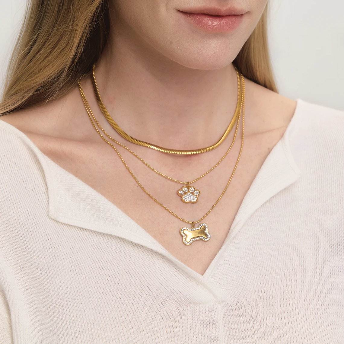 Colar Pingente Garra de Gato Grande com Strass | Colar Feminino Banhado a Ouro 18K PVD com Corrente de Contas 6