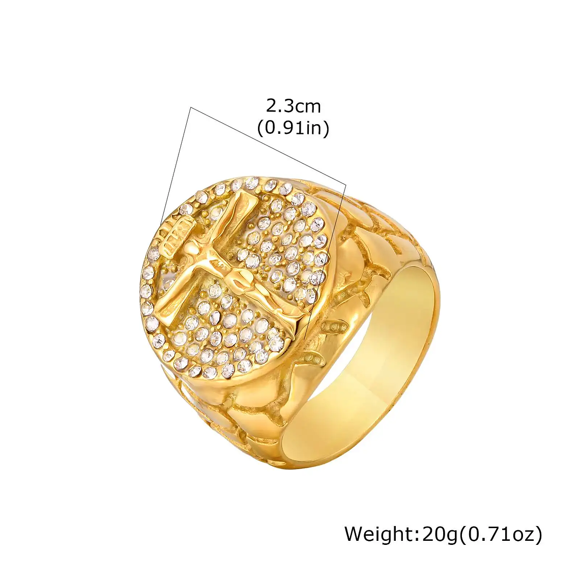 Anel Cruz para Homem com Zircónia Cúbica | Aço Inoxidável Banho a Ouro 18K, Tamanhos 7-12 | Presente Religioso Cristão 7