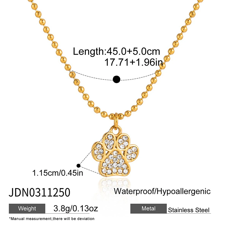 Colar Pingente Garra de Gato Pequena com Strass Branco | Colar Feminino Banhado a Ouro 18K PVD com Corrente de Contas 7