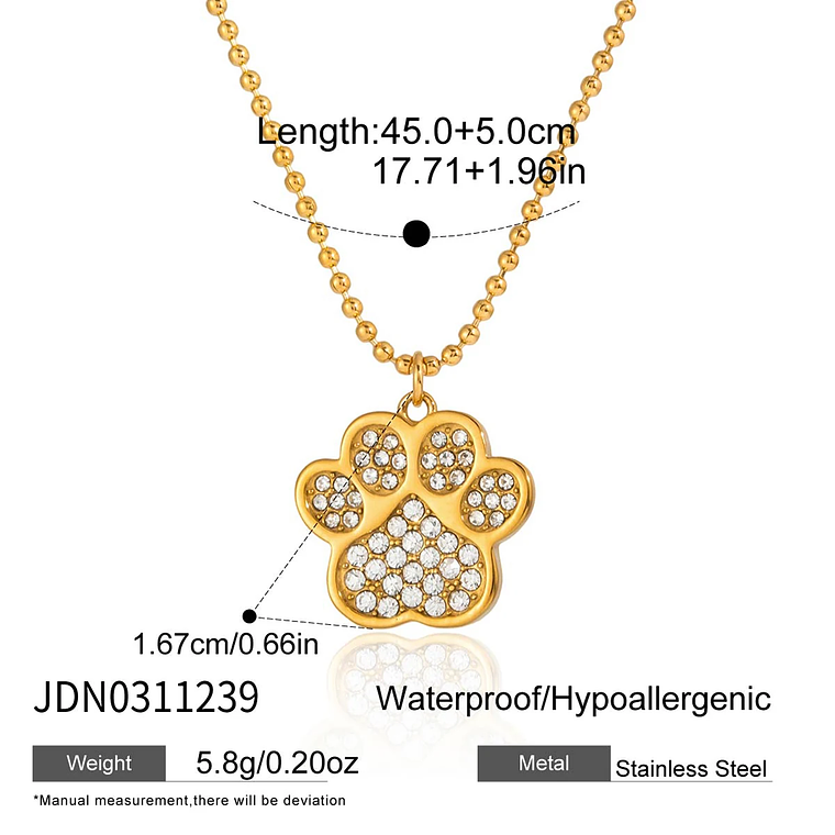 Colar Pingente Garra de Gato Grande com Strass | Colar Feminino Banhado a Ouro 18K PVD com Corrente de Contas 7