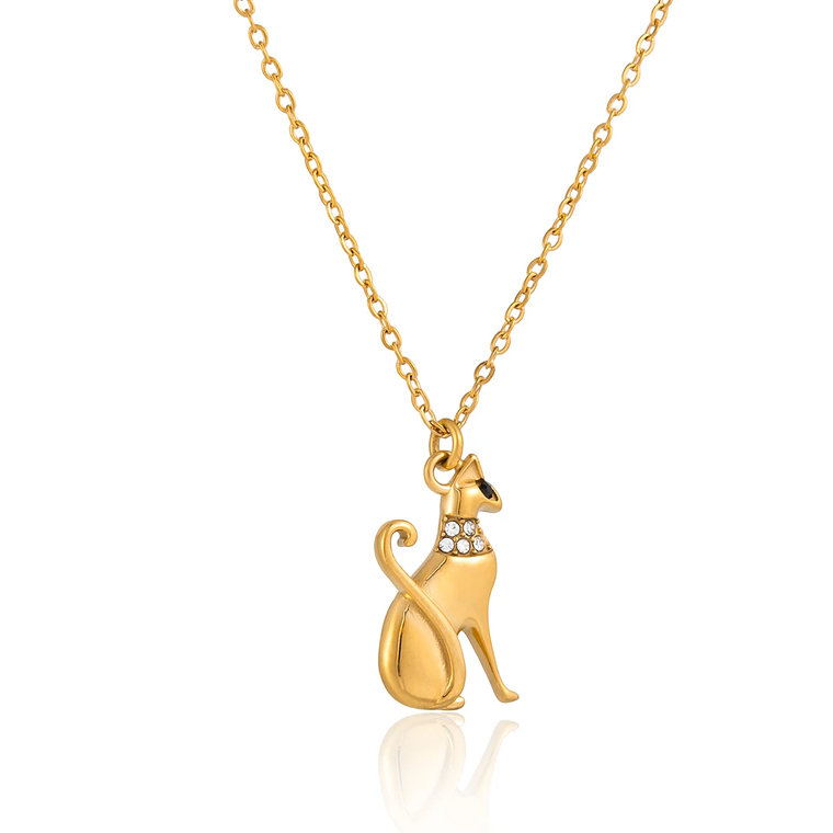 Colar Pingente Gato com Strass Branco | Colar Feminino Banhado a Ouro 18K PVD com Corrente O-Chain 5