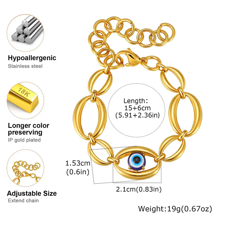 Pulseira Evil Eye com Elos Ovais Ajustáveis | Pulseira Feminina em Aço Inoxidável Banhado a Ouro e Prata - Presente Protetor e Fashion 5