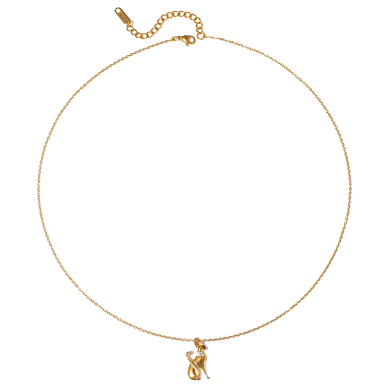 Colar Pingente Gato com Strass Branco | Colar Feminino Banhado a Ouro 18K PVD com Corrente O-Chain 6