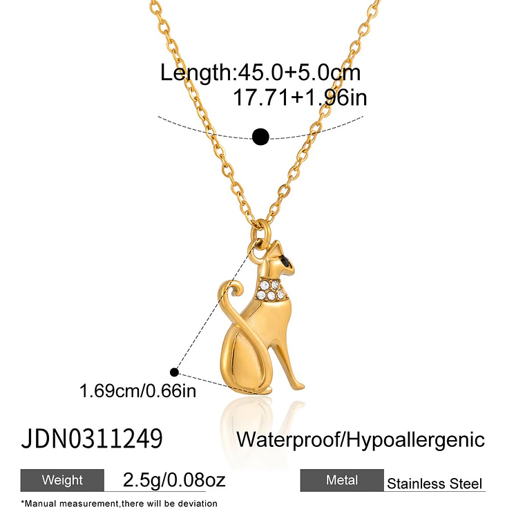 Colar Pingente Gato com Strass Branco | Colar Feminino Banhado a Ouro 18K PVD com Corrente O-Chain 7