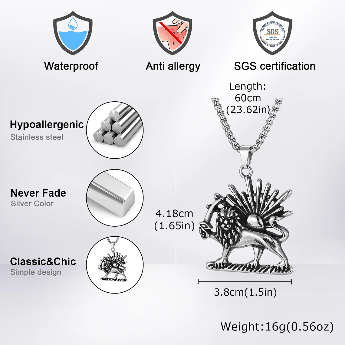 Colar Leão Persa (Shir Khorshid) em Aço Inoxidável Prateado | Pingente Leão e Sol Pahlavi para Homens - Presente de Simbolismo e Estilo 4