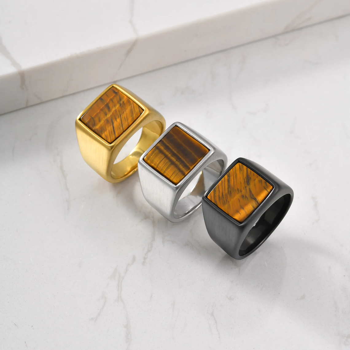 Anel de Signet com Olho-de-Tigre Natural para Homens | Anel Quadrado 14mm de Largura, Aço Inoxidável Banhado - Presente Fashion 2026 4