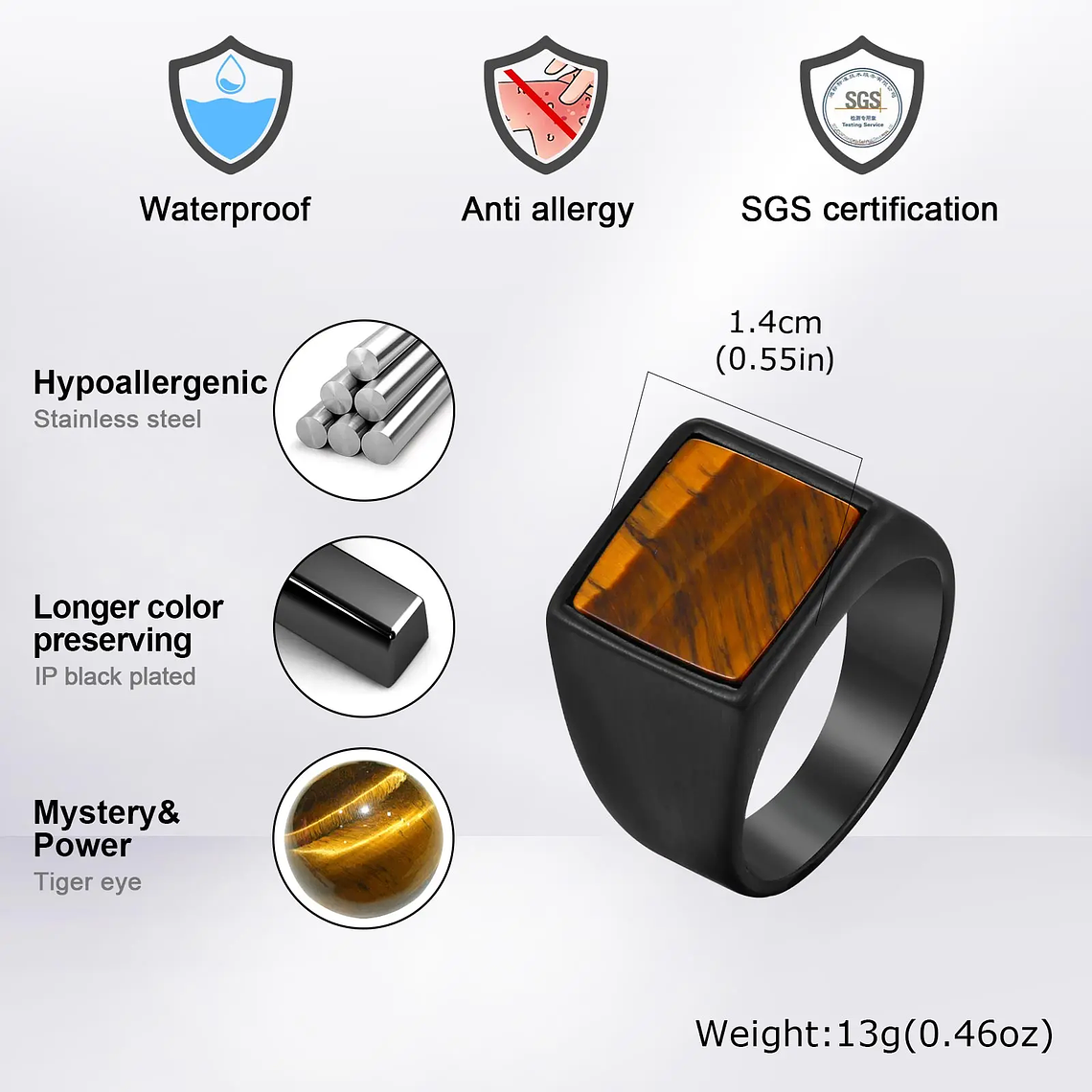 Anel de Signet com Olho-de-Tigre Natural para Homens | Anel Quadrado 14mm de Largura, Aço Inoxidável Banhado - Presente Fashion 2026 5