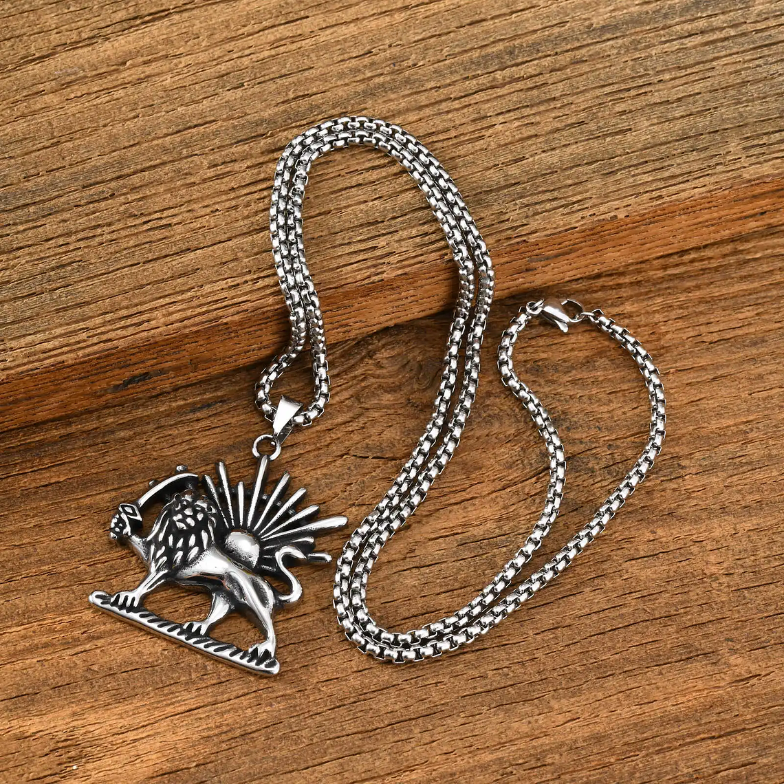 Colar Leão Persa (Shir Khorshid) em Aço Inoxidável Prateado | Pingente Leão e Sol Pahlavi para Homens - Presente de Simbolismo e Estilo 6