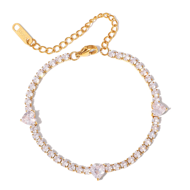 Pulseira Tennis Coração Gota d'Água Branca | Zircónia, Banho a Ouro 18K | Pulseira Clássica e Elegante para Mulheres 7