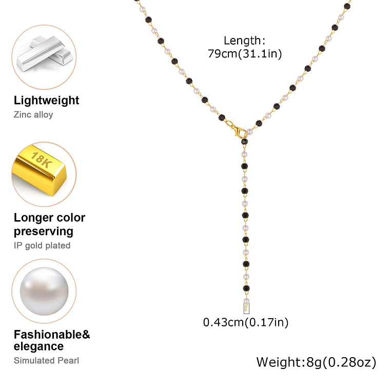 Colar Longo em Formato Y com Contas Pretas e Pérolas Falsas | Colar Feminino Banhado a Ouro Dourado - Presente Romântico e Fashion 2