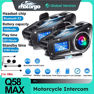  Intercom Bluetooth para Capacete Q58-MAX | Comunicação para 2 Motociclistas e Partilha de Música