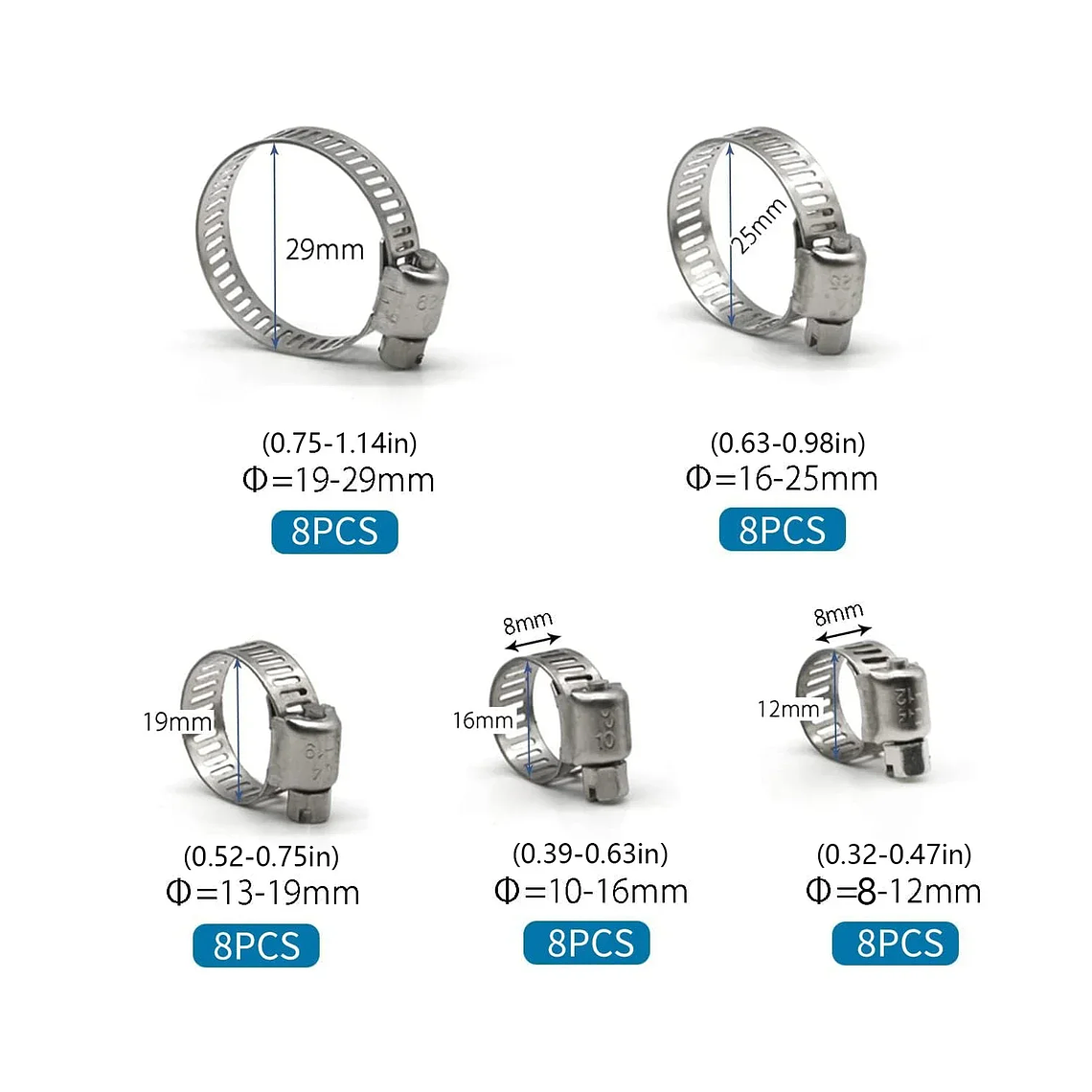 Caixa 40 Peças Abraçadeiras Inoxidáveis Americanas 8-29mm | Jogo Completo para Tubos 2