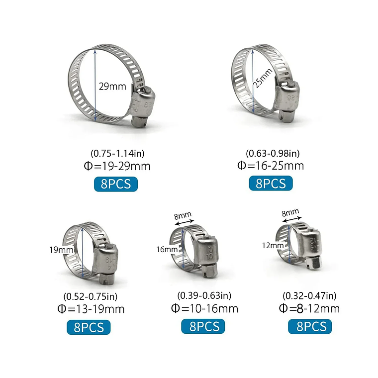 Caixa 40 Peças Abraçadeiras Inoxidáveis Americanas 8-29mm | Jogo Completo para Tubos 2