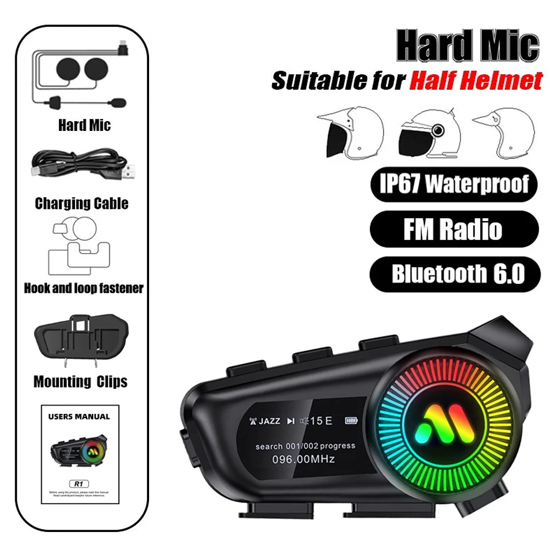 Intercom Bluetooth para Capacete R1 | Bluetooth 6.0, Rádio FM e Display LED 8