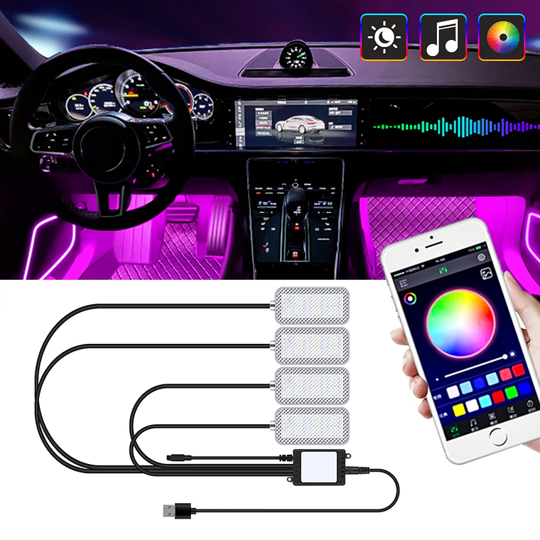 Kit Iluminação LED Interior Carro RGB | Controlo por App e Música para Ambiente e Pé 1