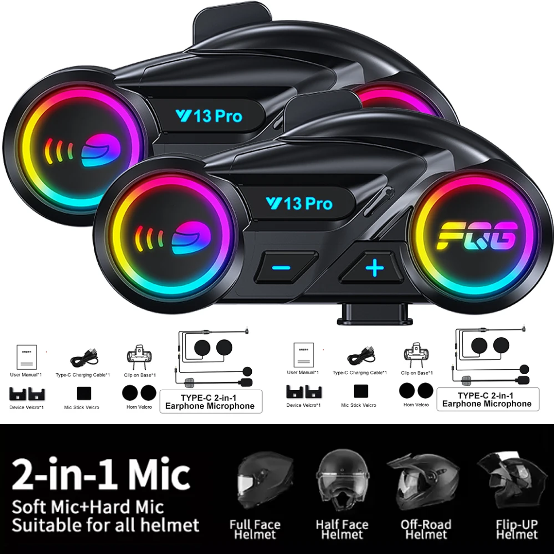 Intercom Bluetooth Duplo Y13 Pro para Capacete | 500M e Efeitos de Luz RGB 7