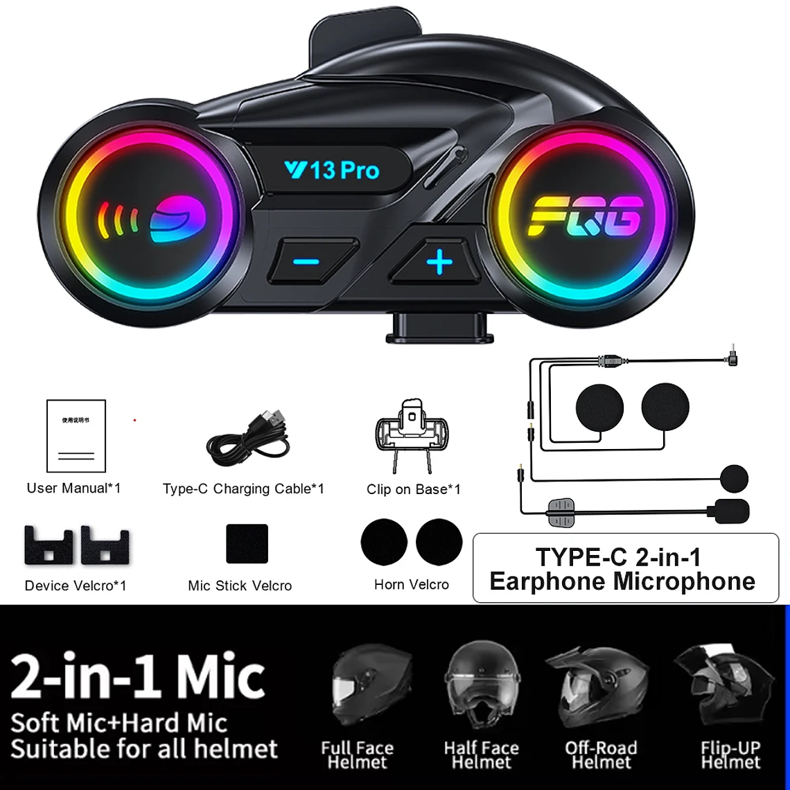 Intercom Bluetooth Duplo Y13 Pro para Capacete | 500M e Efeitos de Luz RGB 8