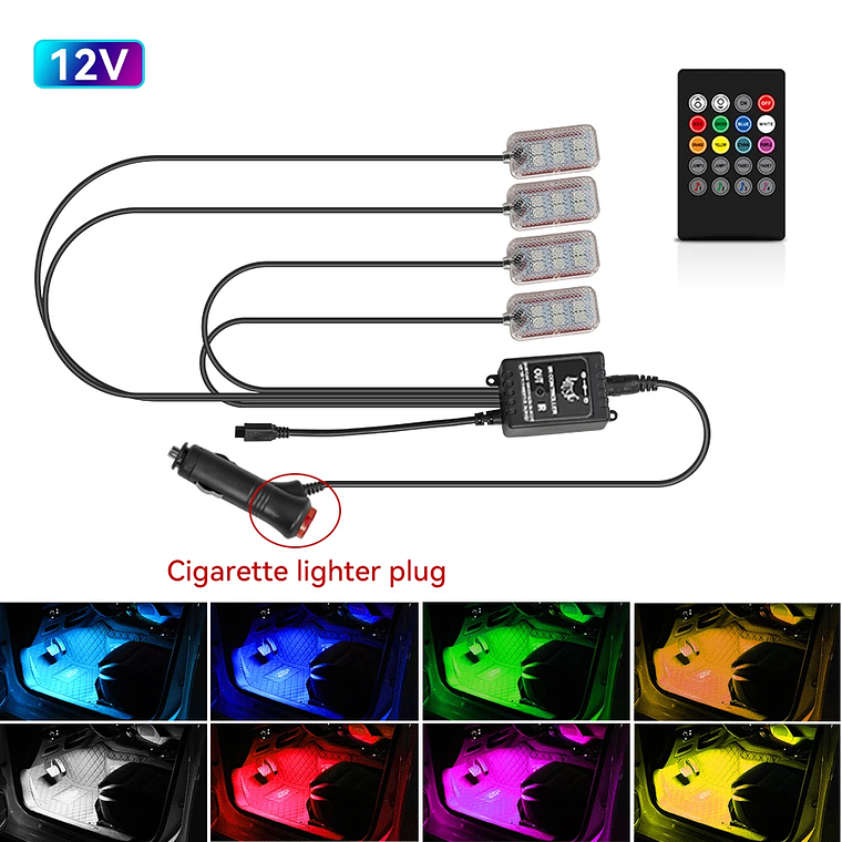 Kit Iluminação LED Interior Carro RGB | Controlo por App e Música para Ambiente e Pé 9
