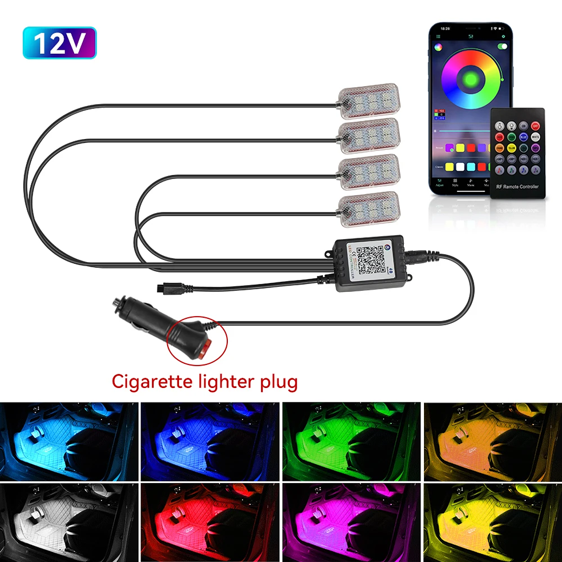 Kit Iluminação LED Interior Carro RGB | Controlo por App e Música para Ambiente e Pé 10