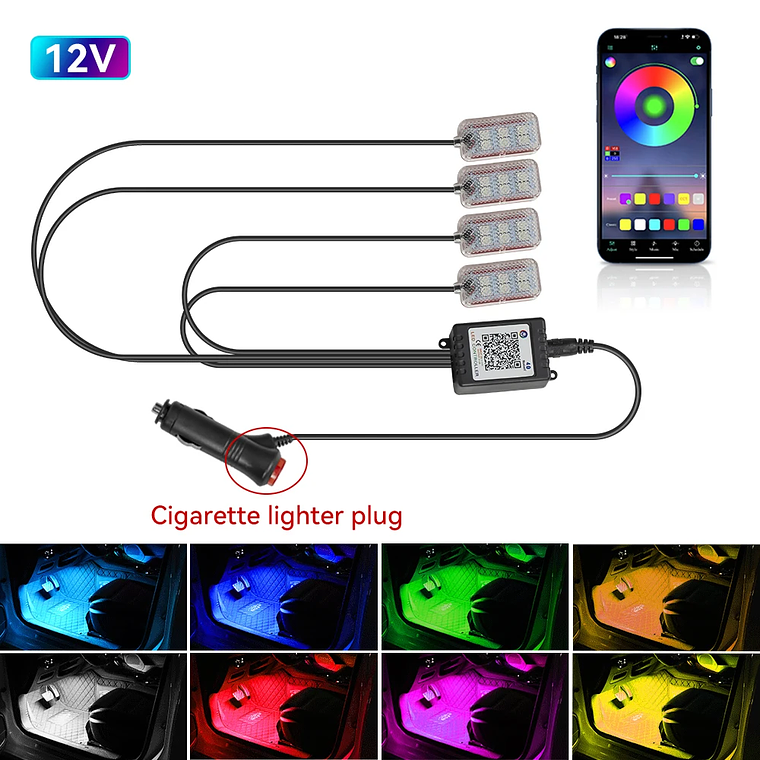 Kit Iluminação LED Interior Carro RGB | Controlo por App e Música para Ambiente e Pé 12
