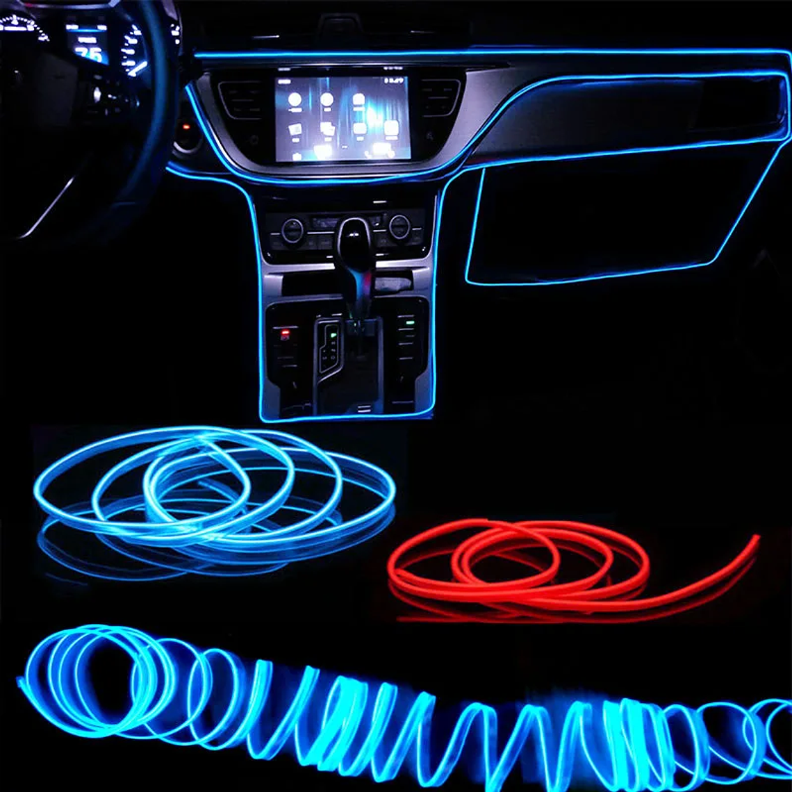 Fita LED Neon para Interior Carro 1M/3M/5M | Iluminação Decorativa USB, Ambiente e Festa 1