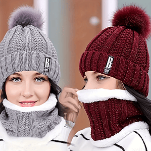 Conjunto 2 Peças Gorro de Inverno e Cachecol | Malha Quente, Peluche e à Prova de Vento
