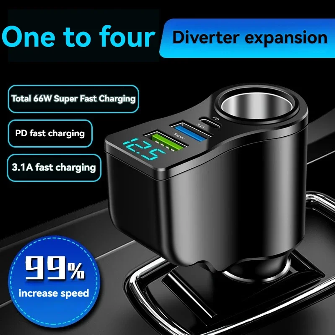 Carregador Automóvel 66W 3 Portas | Dual USB + Acendedor Ecrã Digital 2