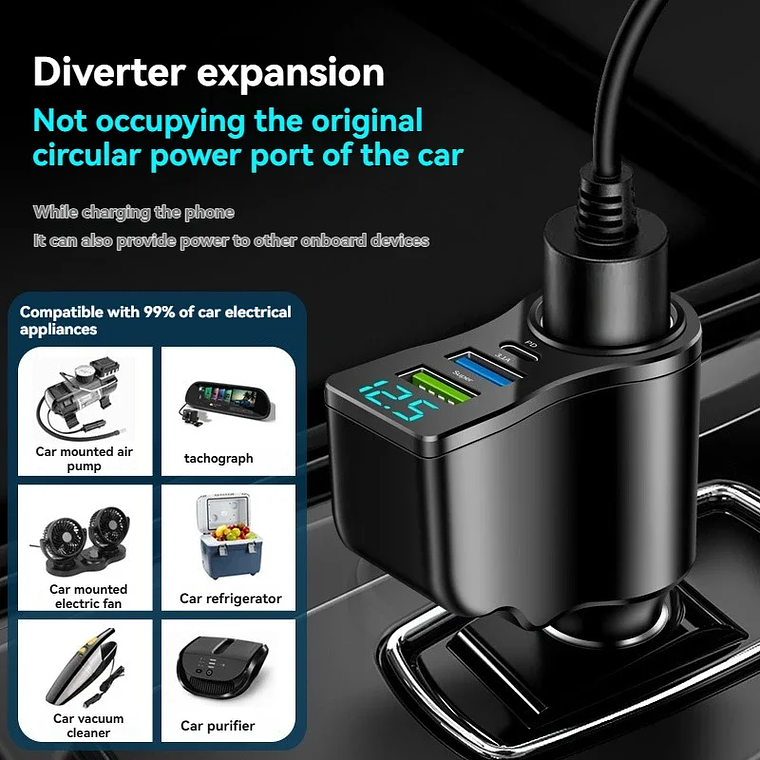 Carregador Automóvel 66W 3 Portas | Dual USB + Acendedor Ecrã Digital 3