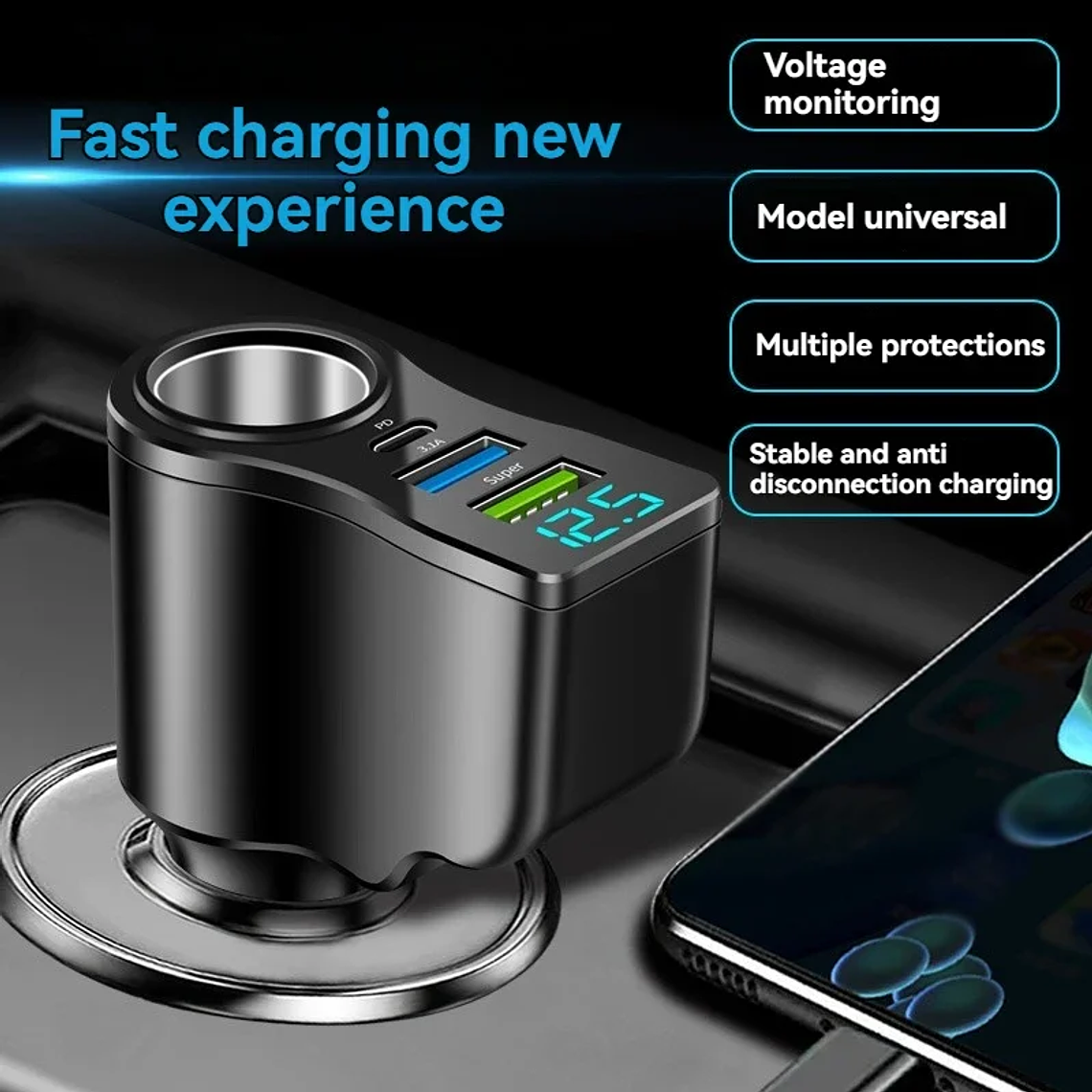 Carregador Automóvel 66W 3 Portas | Dual USB + Acendedor Ecrã Digital 4