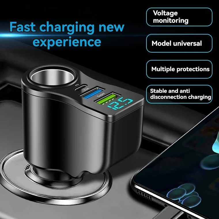 Carregador Automóvel 66W 3 Portas | Dual USB + Acendedor Ecrã Digital 4